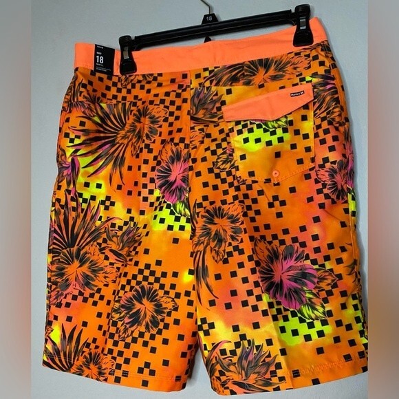 NWT Hurley Boy's Orange  Floral Checkered Boardshorts Big Kids size 18 Swim - Picture 3 of 7